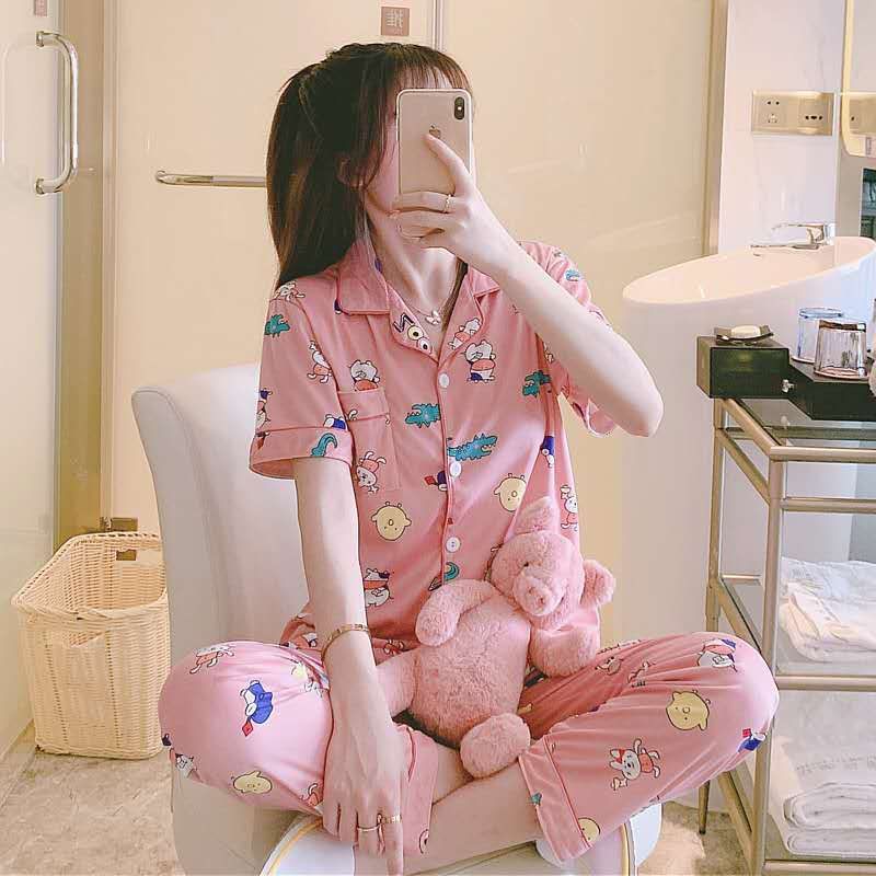 BAJU TIDUR PIYAMA SET KEMEJA CP LENGAN PENDEK CELANA PANJANG IMPORT PREMIUM BANYAK MOTIF PART 2-Animal Pink