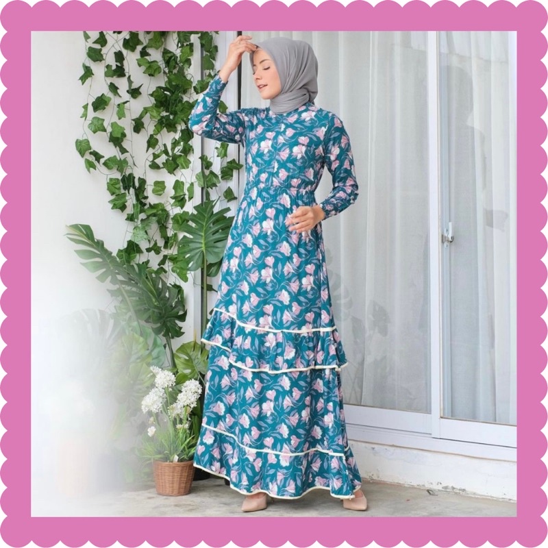 Ounadoutfit Tulip dress wanita cantik turtleneck busui rample / dress muslim motif / baju rayon busui / homedress bunga