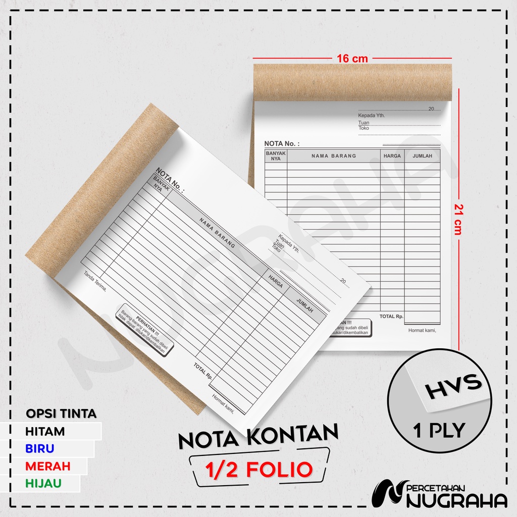 

NOTA UKURAN 1/2 FOLIO 1 RANGKAP / BUKU NOTA KONTAN Isi 50 lembar
