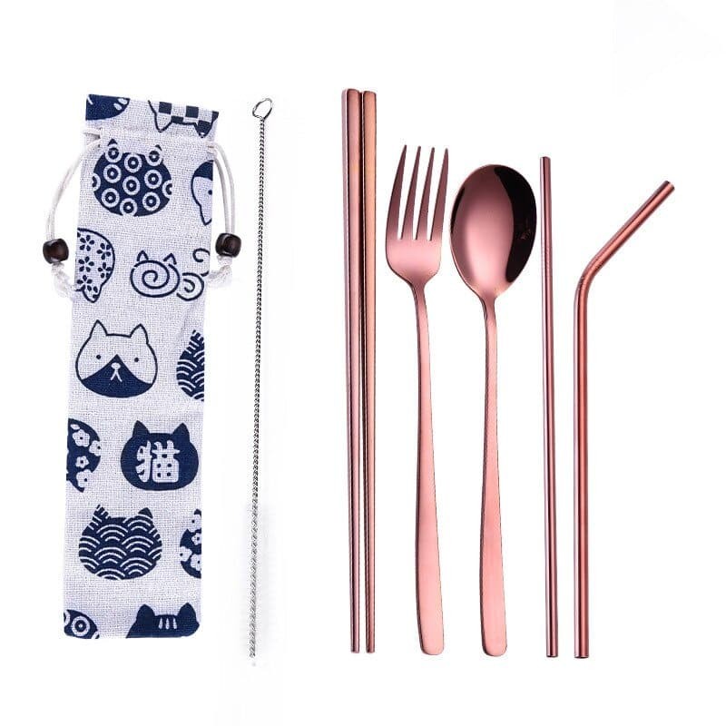 Tofok Cutlery Set Perlengkapan Makan Sendok Garpu Kitty Cloth Bag T5