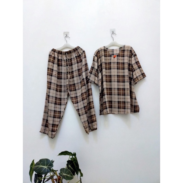 STELAN ANDIN MOTIF KOTAK/SET WANITA TERBARU/ONE SET TERMURAH/COD/SETELAN ANDIN IKATAN CINTA/JUMBO/ST