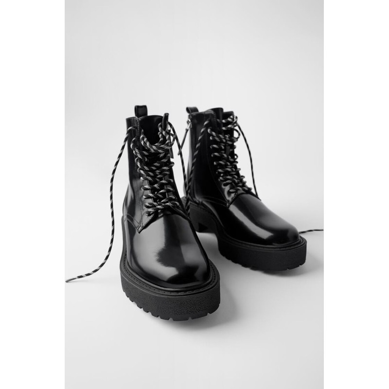 Zara Lace Up Black Glossy Ankle Boots with Zip