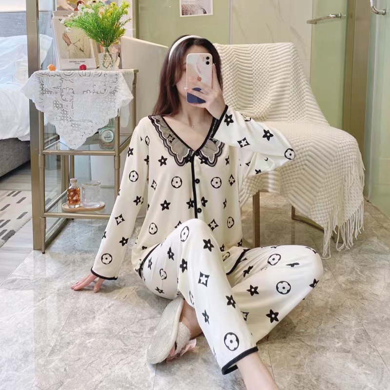 baru houndstooth piyama/baju lengan panjang + celana setelan homewear