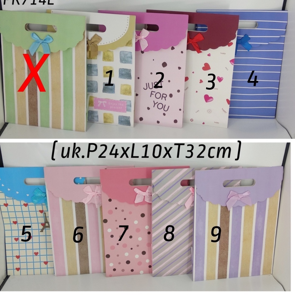 

PAPERBAG TUTUP PITA GARIS"L"/PR714L/(UK.P24XL12XT31CM)READY NO 1,3,5,6