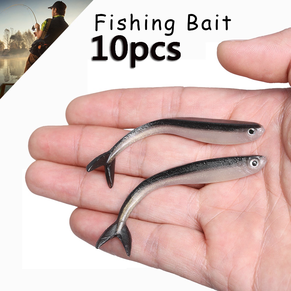 10pcs / Kantong Umpan Pancing Soft Bait Bentuk Ikan Dua Warna Ukuran 8cm