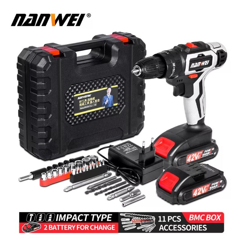 NANWEI power tools two battery rechargeable drill Mini 21V Lithium battery drill double speed Cordless drill