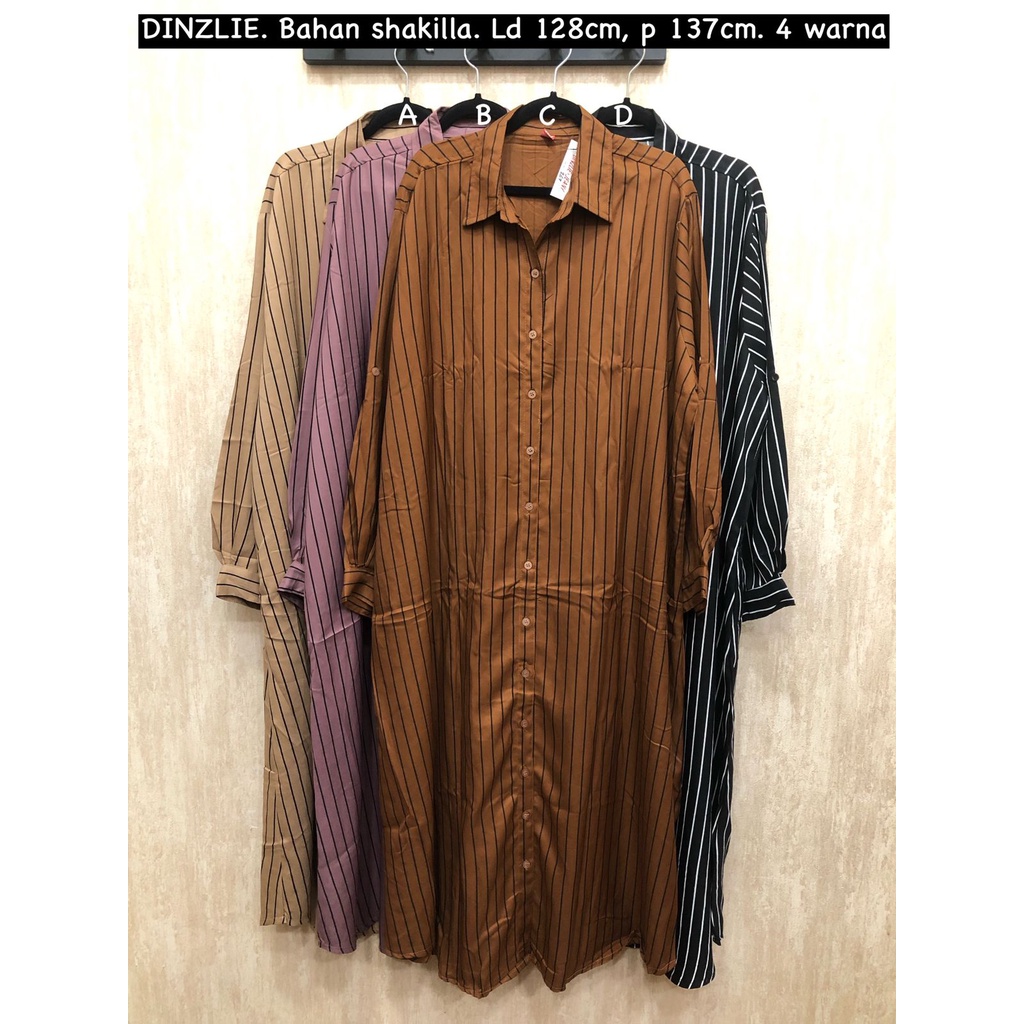 DINZLIE LONG TUNIK TUNIC LONGDRESS GAMIS KEMEJA PANJANG BAHAN SHAKILLA MOTIF SALUR GARIS BAHAN SHAKI