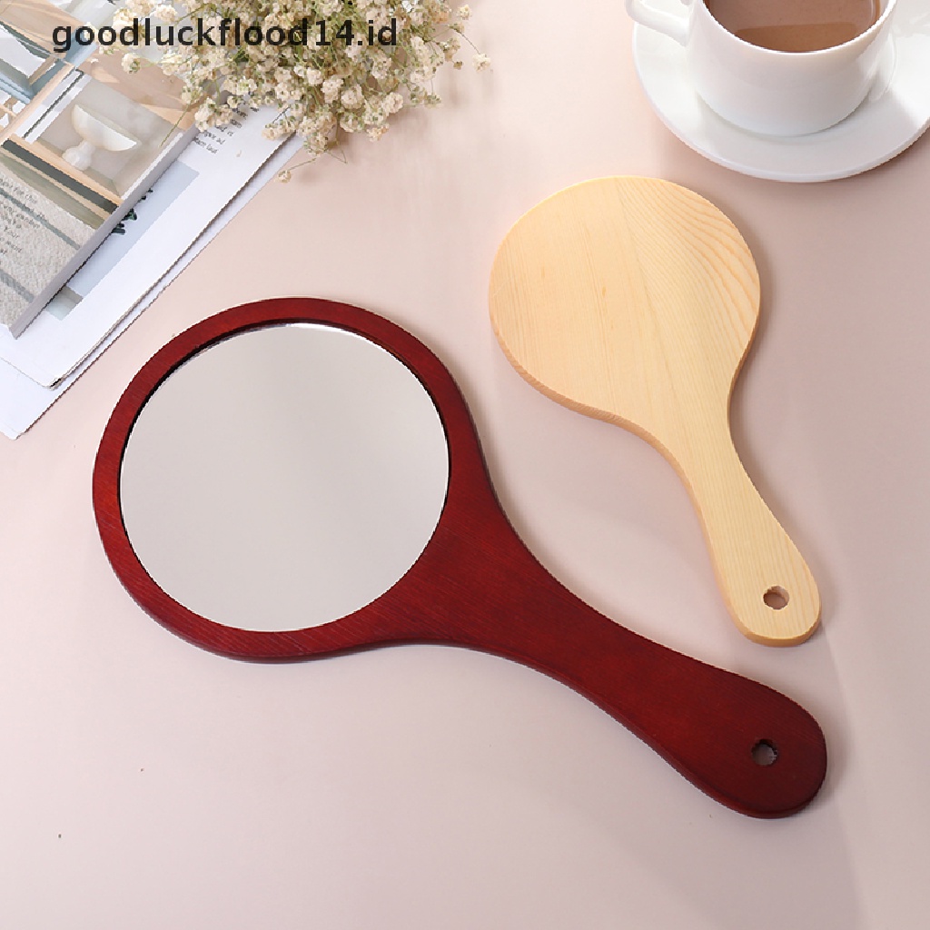 [OOID] Round Wood Vintage Hand Mirror Makeup Vanity Mirror Cosmetic Make Up Mirrors ID