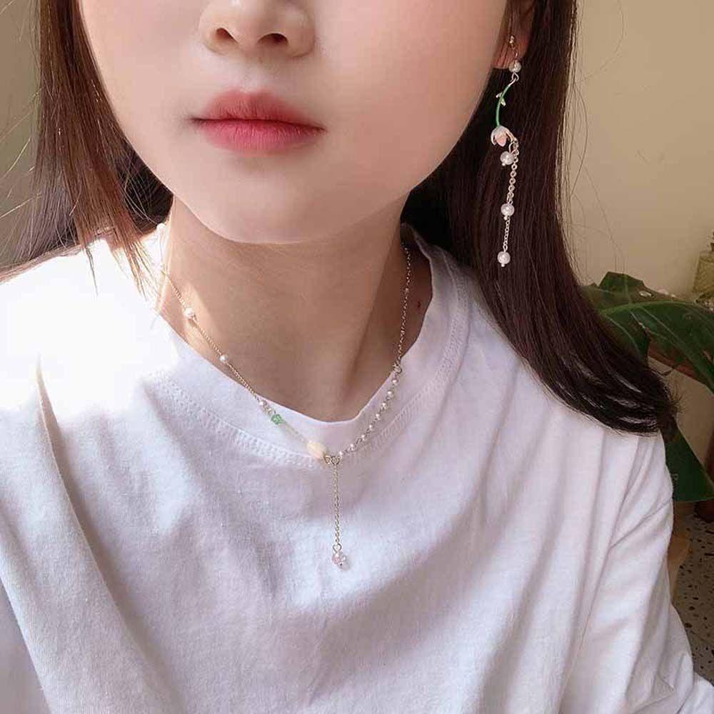 Mxbeauty Kalung Bunga Trendi Manis Asimetris Manik-Manik Mutiara Choker Gadis Gaya Korea Necklace