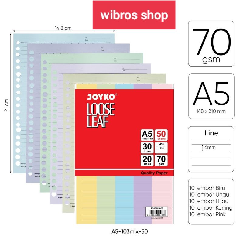 

Loose Leaf Color Isi Kertas File Binder Warna Joyko A5 50 Lembar