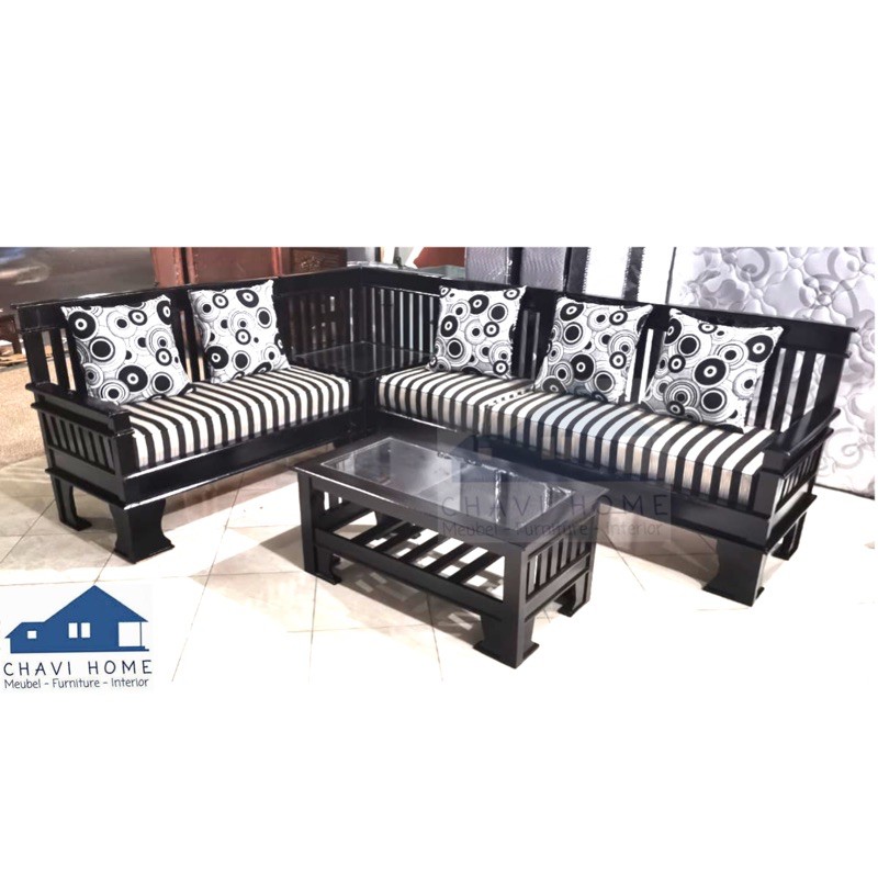 set kursi jati L lengkap dengan jok bantal dan meja minimalis modern sofa jati termurah