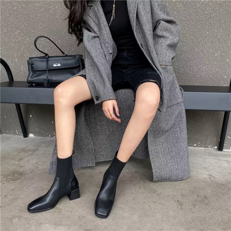 Sepatu Heels Ankle Boots Rajut Wanita Knit Sock Boots