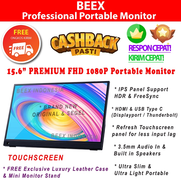 BeeX.ID 15.6 inch Touchscreen Portable Gaming Monitor + USB-C Cable - TOUCHSCREEN