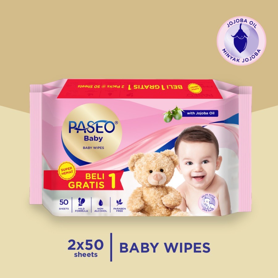 TISSUE BASAH BAYI PASEO JOJOBA BABY WET TISUE 2 PACK x 50 LEMBAR