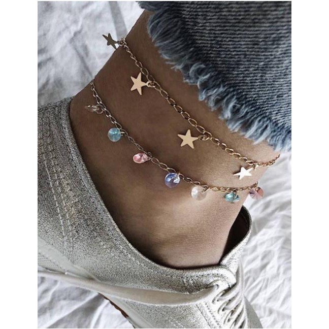 LRC Gelang Kaki Fashion Gold Star Beads Anklet 2 Piece Set F48037