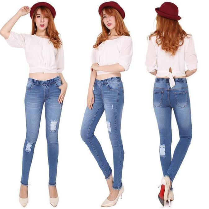 YUK BELI CELANA JEANS WANITA LEGGING JEANS KARET PINGGANG RAWIS RUMBAI - BIRU, 28 KEBURU HABIS..