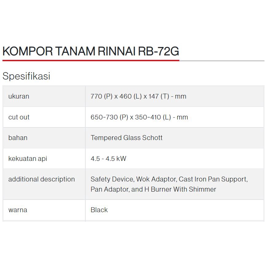 RINNAI KOMPOR TANAM 2 TUNGKU RB-72G