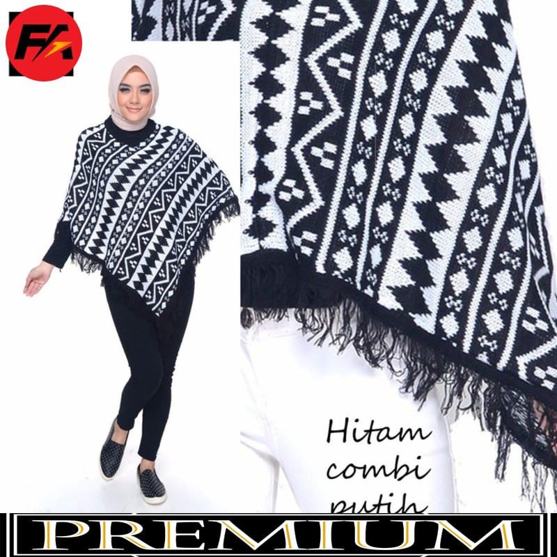 PONCO MAROKO FA Knit Outer Sweater Rajut Wanita Fashion Korea - Hitam Putih