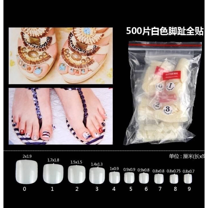 500pcs TOE FAKE NAILS KUKU PALSU KAKI 9 UKURAN KUPAL KAKI NAIL ART NAILART KUTEK GEL KUPAL