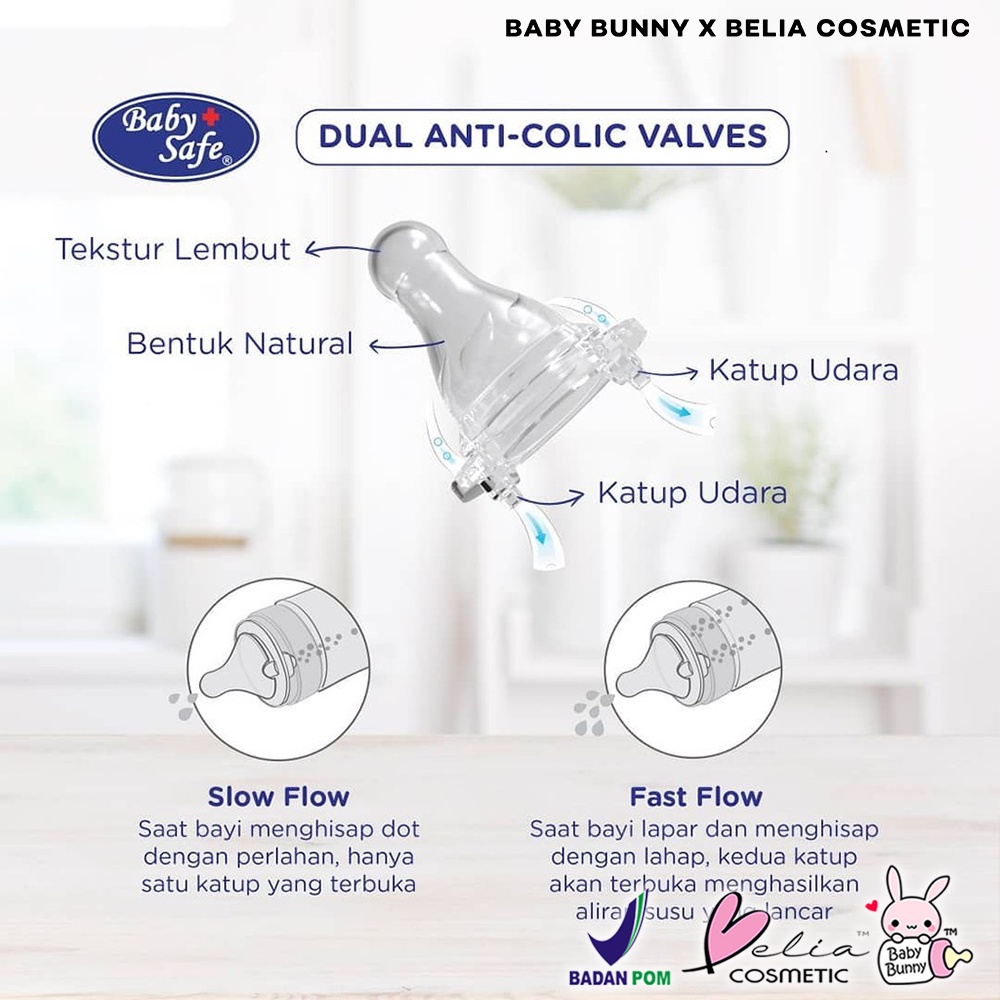 ❤ BELIA ❤ BABY SAFE Double Valves Nipple Slim Neck | Wide Neck | Dot Botol Susu | Milk Bottle 3-6 Bulan | 6+ Bulan | 9+ Bulan