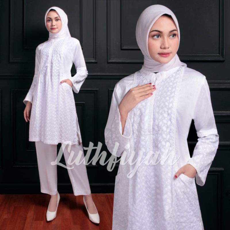 Setelan Tunik Celana Panjang Katun Jepang Polos Kombinasi Stelan Wanita Muslim Putih Hitam