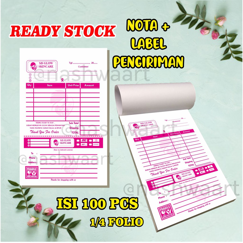 NOTA MS GLOW TAGIHAN LABEL PENGIRIMAN MS GLOW OLSHOP ONLINE SHOP UKURAN 1/4 FOLIO MSGLOW