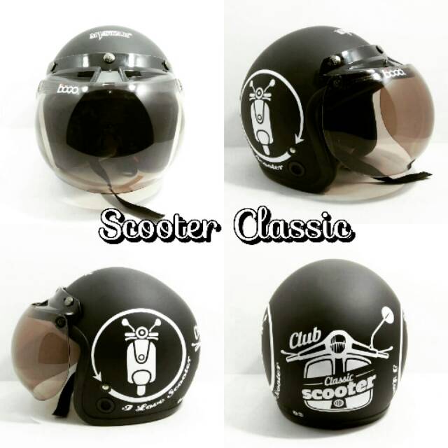 Helm retro bogo mvstar scooter classic black doff kaca bogo original