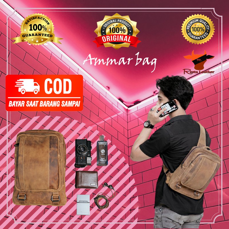 Tas Sling bag waistbag Ransel kulit asli pria selempang slempang asli original Pria Cowok Ammar Bag