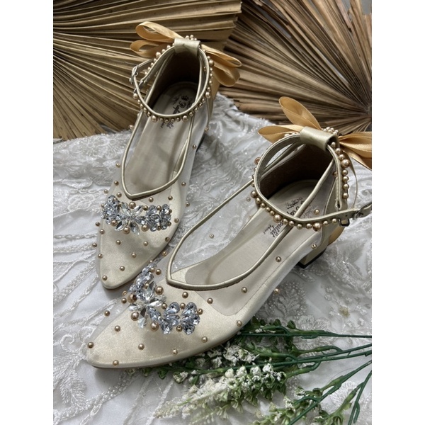 sepatu wanita wedding v merrisa gold tali pita 5cm tahu