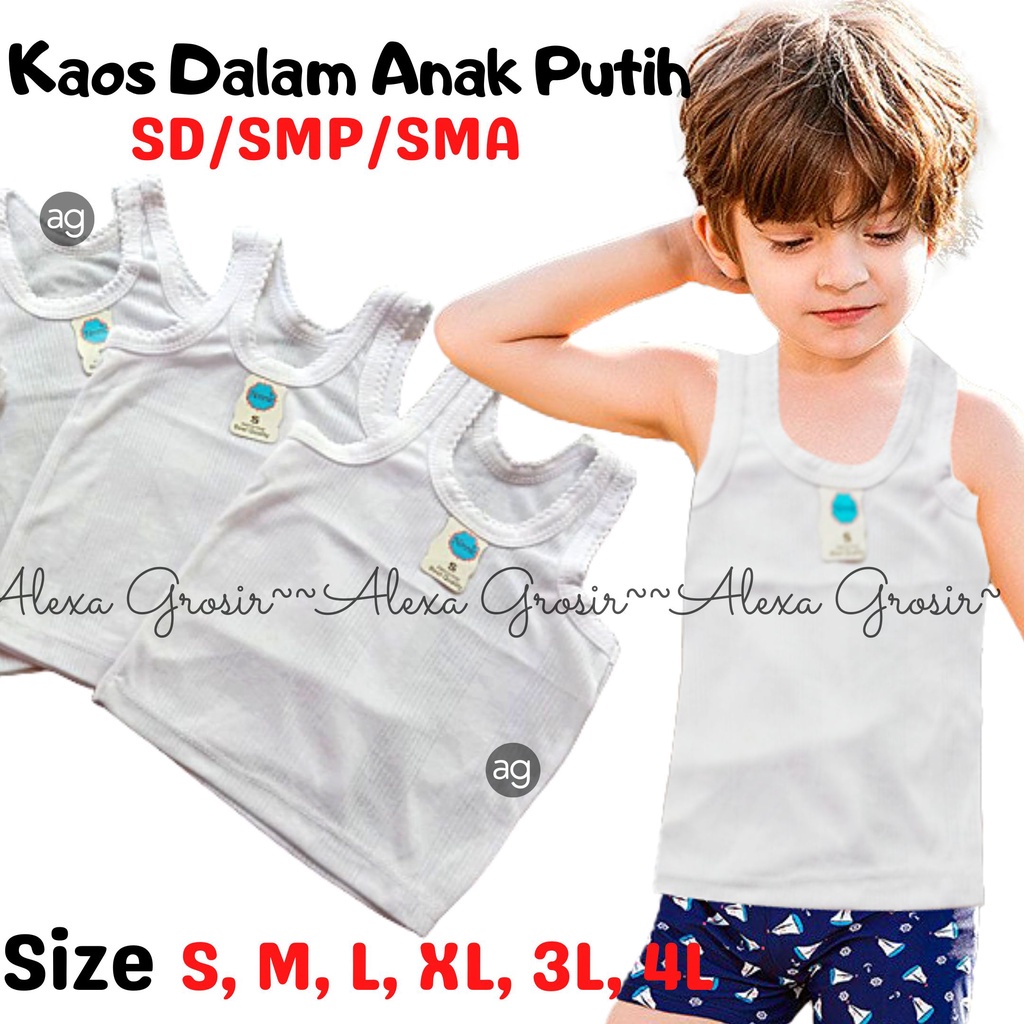 ALEXAGROSIR - KAOS DALAM ANAK PUTIH TK SD SIZE  S M L XL 3L 4L