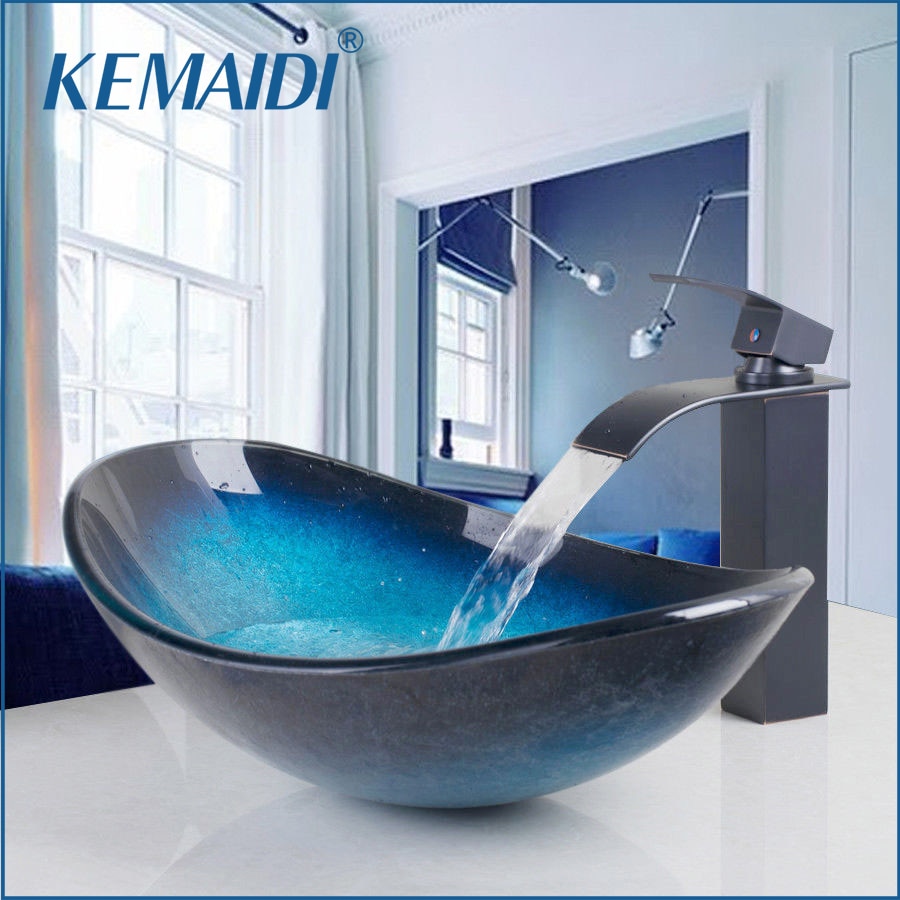 Promo Spesial Kemaidi Waterfall Spout Basin Black Tap Bathroom Sink Washbasin Tempered Glass Shopee Indonesia