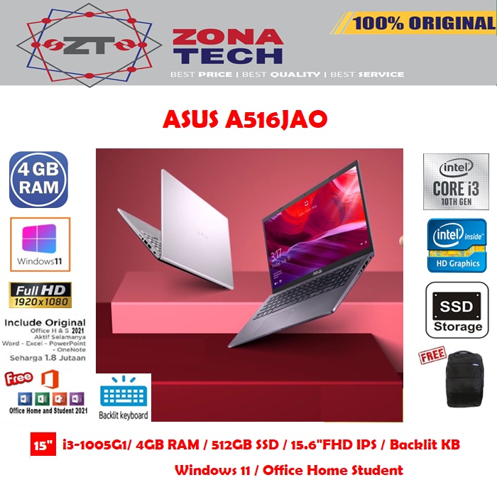 ASUS A516JAO - i3-1005G1 - 4GB - 512GB SSD - BACKLIT KB  - 15.6"FHD IPS - WIN11 - OHS