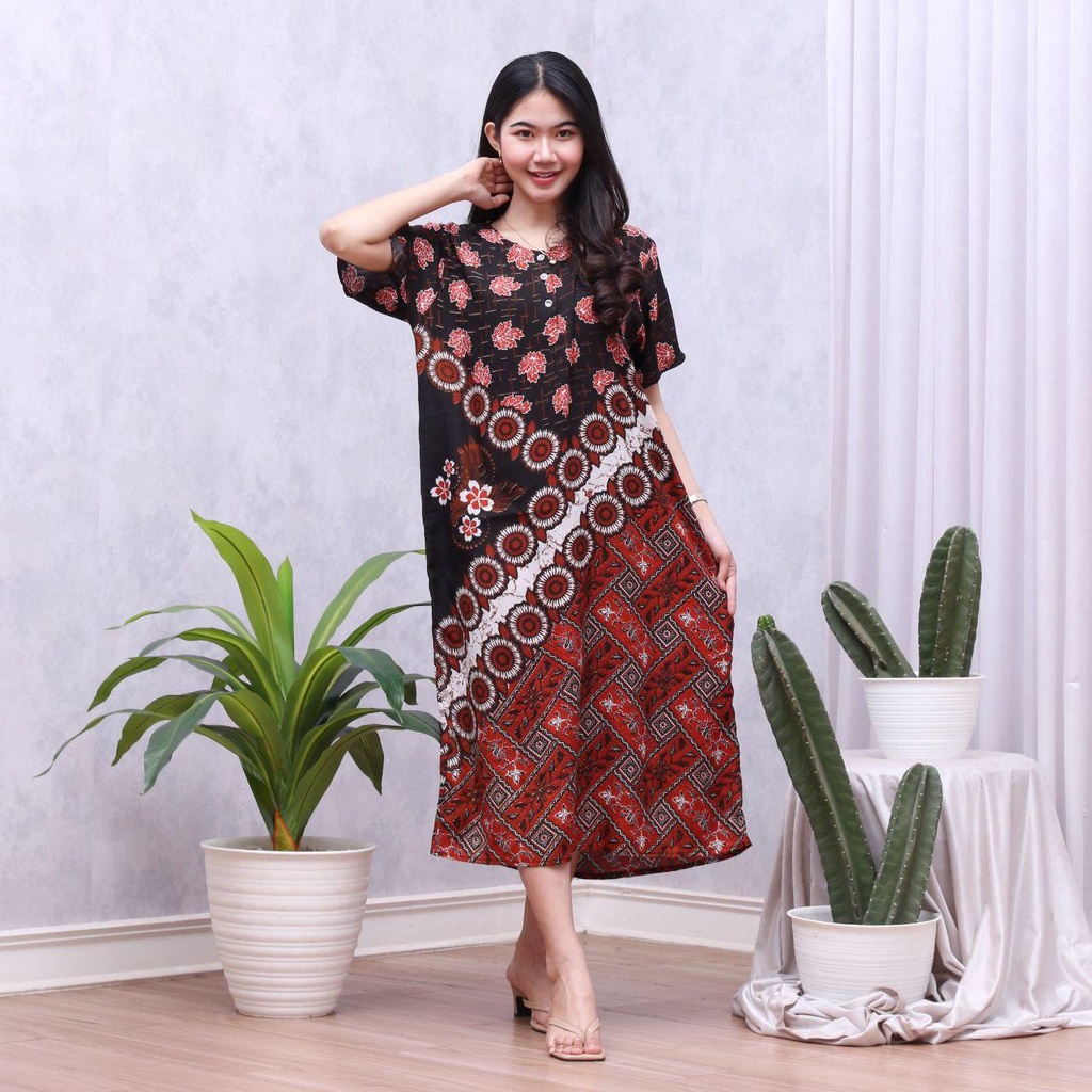 Daster Batik Lengan Pendek - Motif Daun - Leher Kancing (DPT001-133) Batik Prass-CECIL ORANGE