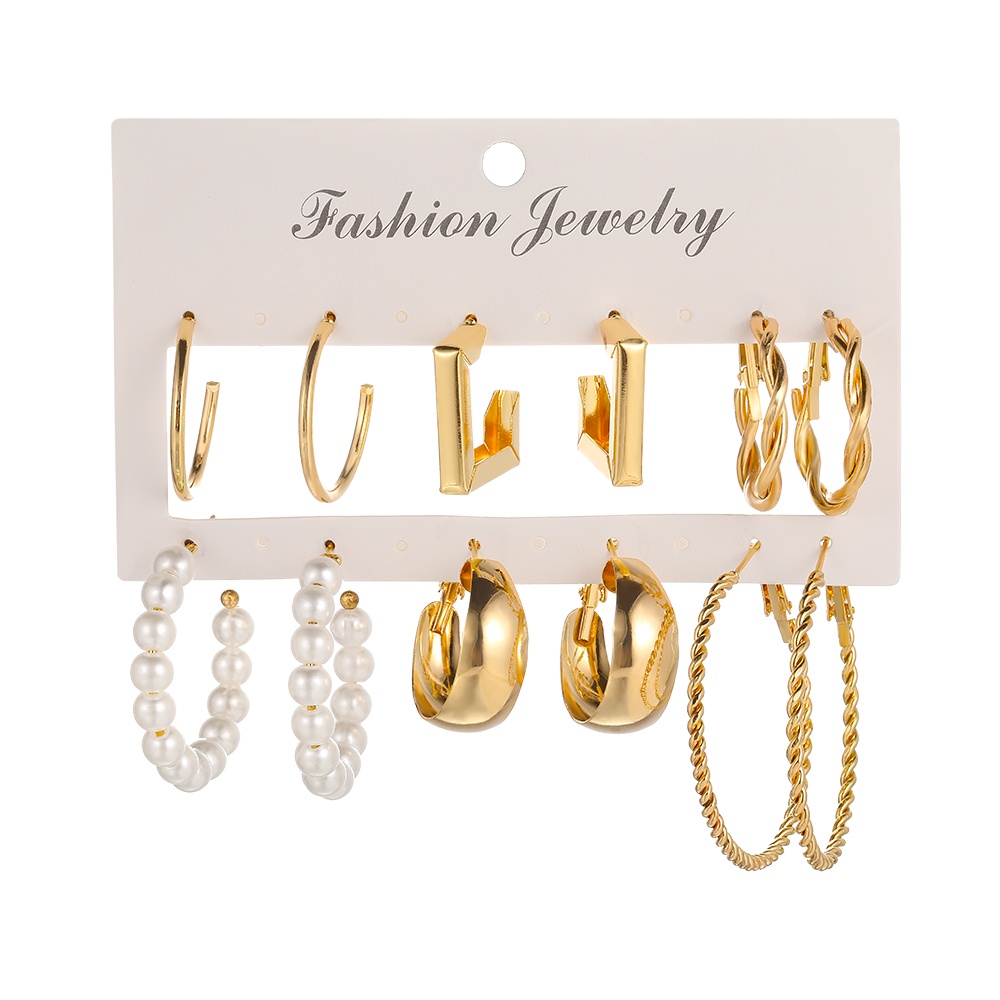 6 Pasang / Set Anting Hoop Bentuk Persegi Aksen Mutiara Warna Emas Untuk Wanita