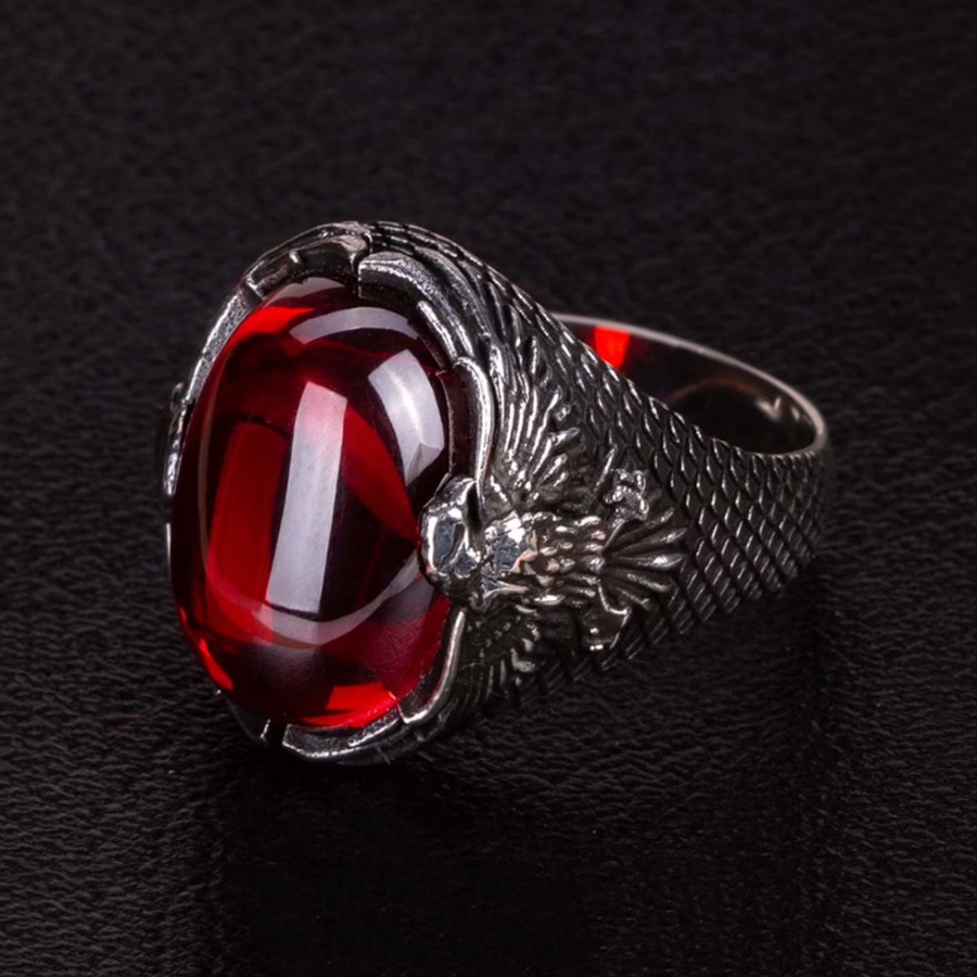 Rubi Cincin Jari Elang Baja Titanium Perak Antik Perhiasan Fashion Pria Punk Kristal Rings