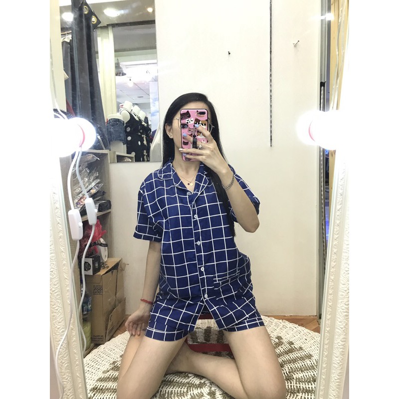 piyama/pajamas kotak&quot; HP katun navy murah.homewear/sleepwear/bajutidur cwe PP tartan biru kekinian