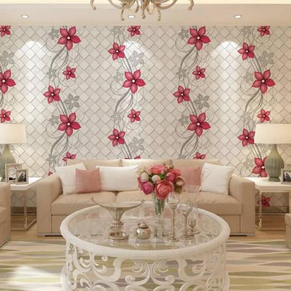 Wallpaper Dinding Motif Bunga Merah Dasar Kotak Abu Ukuran 45cm x 10m