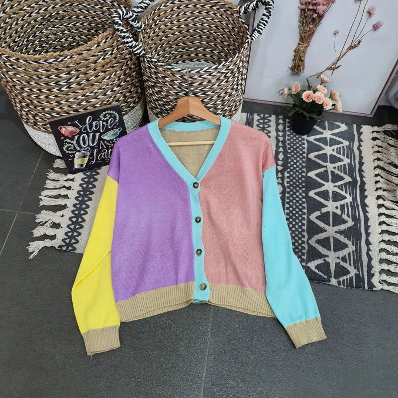 rajut retro rainbow cardigan