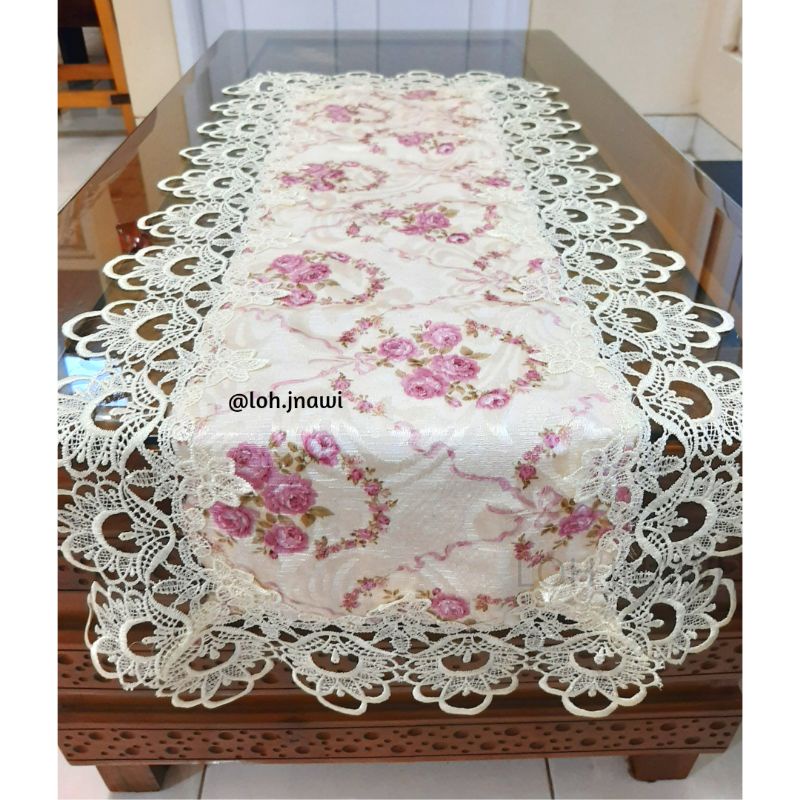 Taplak Meja Tamu Renda Shabby Chic Motif Floral Panjang 40x100 cm Gaya Eropa Klasik Vintage Premium Impor