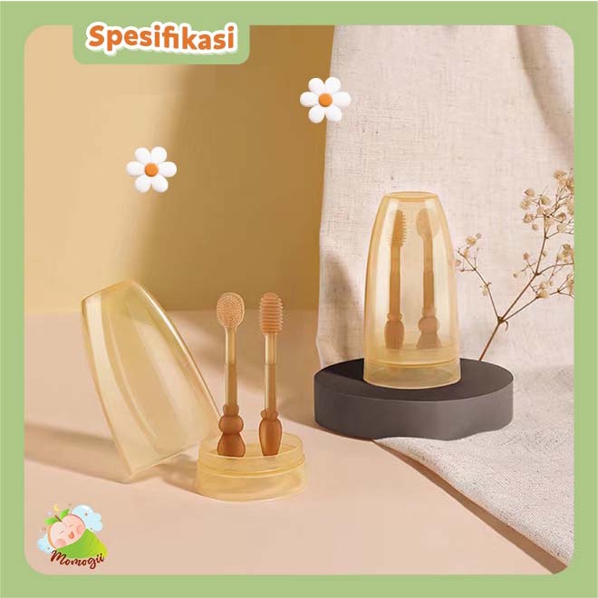 MOMOGII Premium Set 3 in1 Sikat Gigi dan Lidah Bayi Silikon 0-18 Bulan Plus Gelas