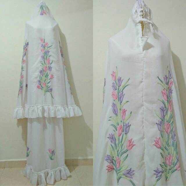 Mukena sulam bayang, bahan sifon helena, pakai tas, setelan, 100%sulam tangan, khas bukittinggi