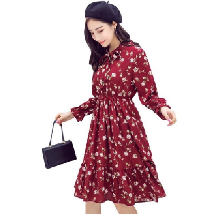 COD 2022 New Fashion Korea Red Blue Midi A-line Dress Merah Wanita Midi Dress Korea Lengan Panjang Muslimah Motif Bunga Panjang Gaun