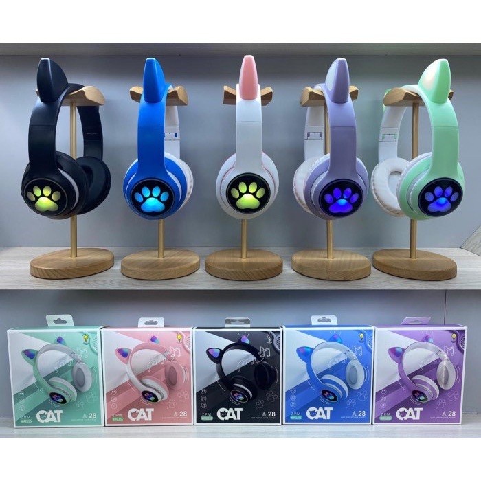 Headphone kuping kucing bando wireless bluetooth cat ear LED light rechargeable warna macaron anak
