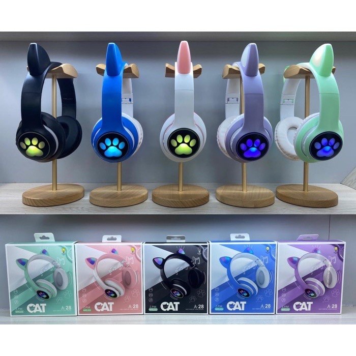 Headphone kuping kucing bando wireless bluetooth cat ear LED light rechargeable warna macaron anak