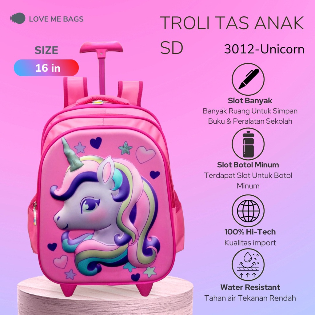 LMB Tas Troli Anak Perempuan SD Gambar Karakter Kuda Poni Unicorn Timbul 6D Import Bahan Nilon Premium