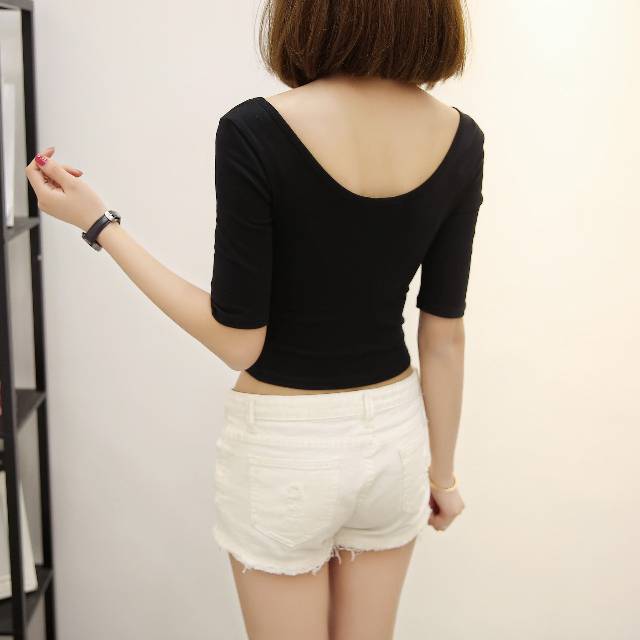 Casual Plain Short Sleeve Crop Top Kaos Wanita 1022 (Size XS-XL)
