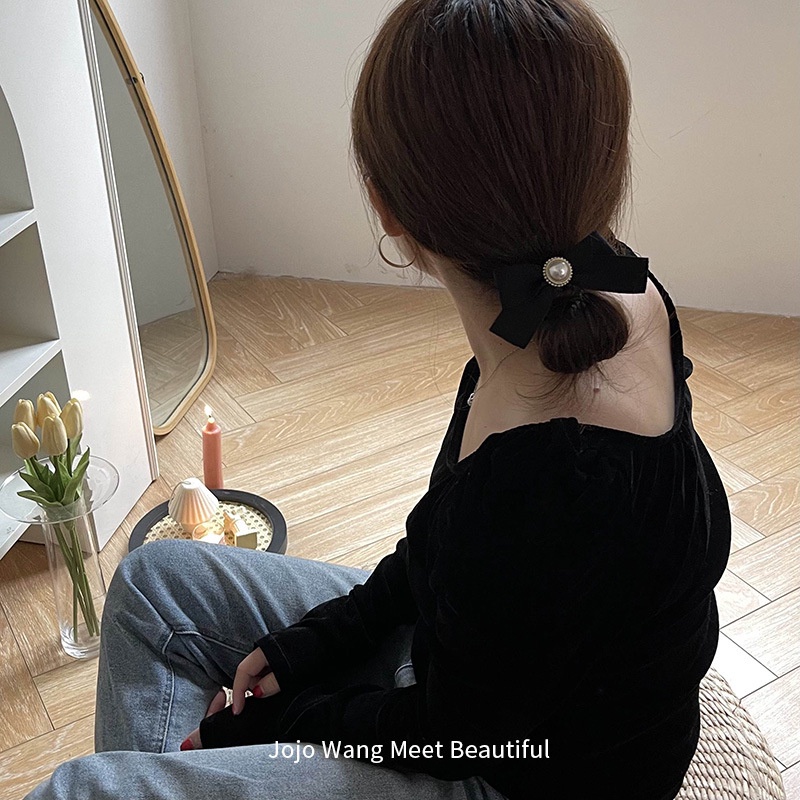 IKAT RAMBUT DOUBLE KARET ELASTIS KOREA PITA AKSESORIS WANITA FRENCH RETRO VINTAGE STYLE / KOREAN ELEGANT PONYTAIL HIGH END RUBBER BAND HAIR ELASTICS TIES RIBBON PEARL ACCESSORIES