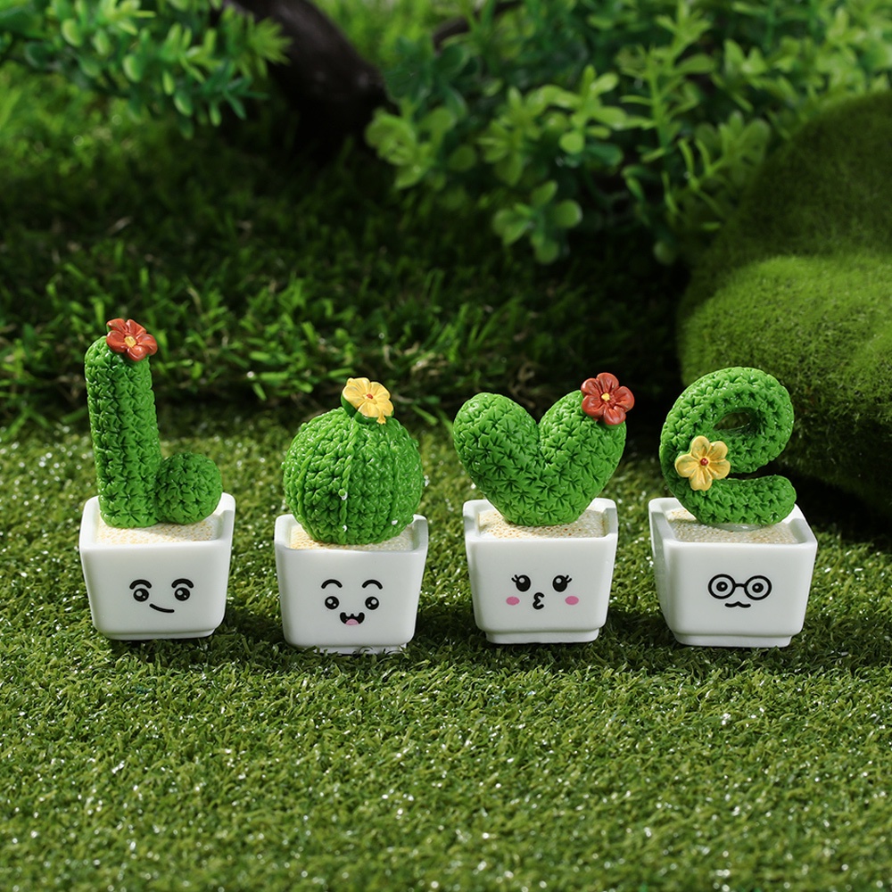 1/4Pcs Funny Resin Cactus Flower Figurines Mini Cactus Miniatures Micro Ornaments Sculpture For Dollhouse Supplies Car Decor