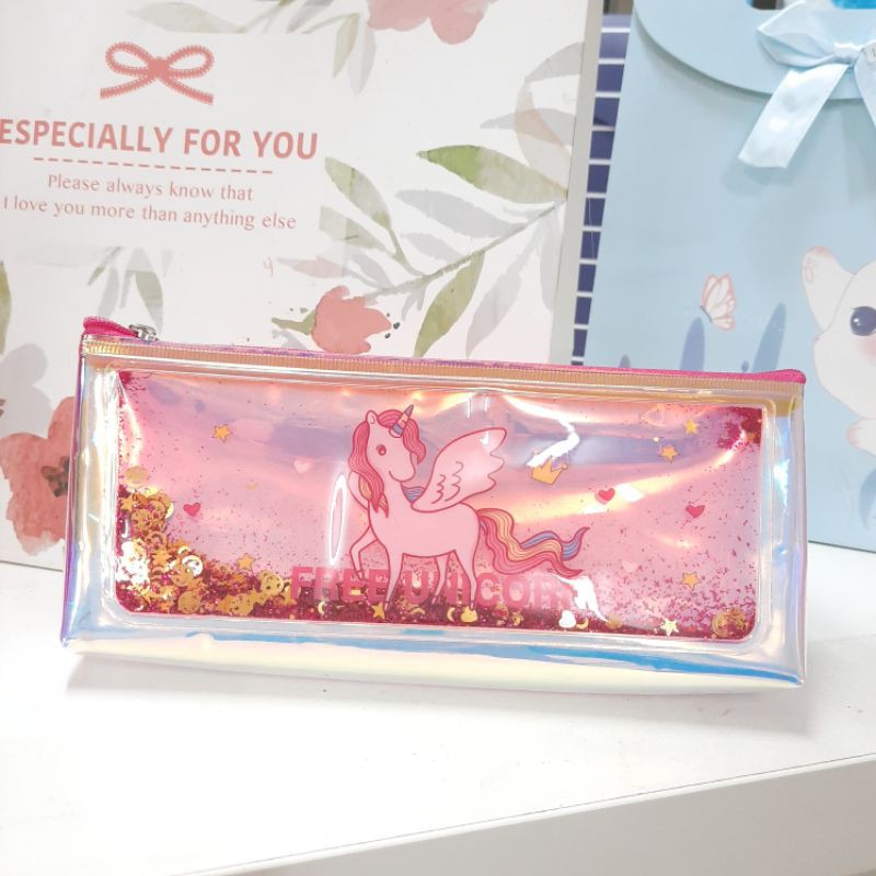 

UNICORN BTS PENCIL CASE tempat pensil glotter hologram air bt21