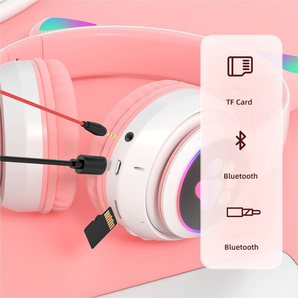 Headset B39 STN28 LED Headphone Kucing Viral Karakter RGB LED Color Gaming Bluetooth Wireless Game Headset anak Perempuan